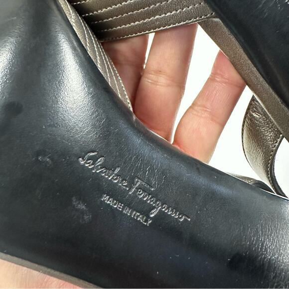 Salvatore Ferragamo Heels Womens 9 Bronze Slingback Open Toe Leather Pumps - Picture 10 of 13